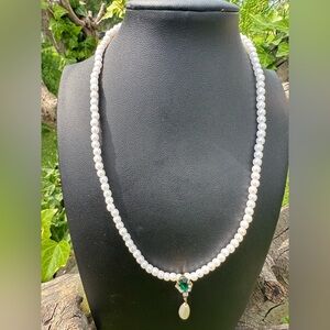 Vintage Pearl necklace w/pearl drop, faux marquise emerald & cz
